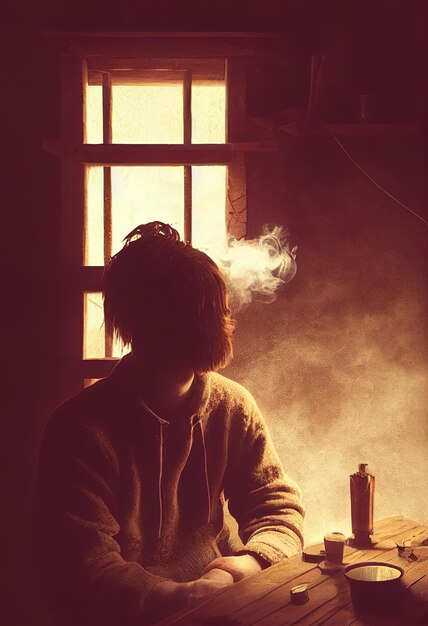 Osoba siedząca przed oknem z dymem wychodzącym z niego