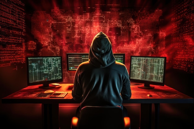 osoba siedząca przy biurku przy inwigilacji cyberataków i hakowaniu