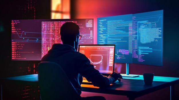 Osoba siedząca przy biurku z wieloma monitorami komputerowymi, z których jeden mówi „kod”.