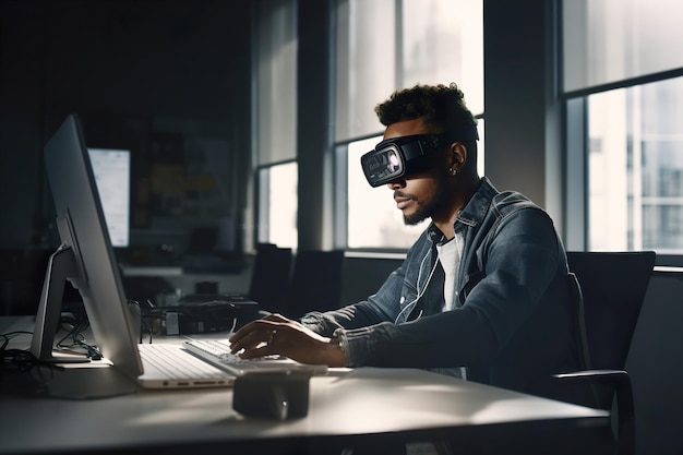 Osoba siedząca w biurze i korzystająca z okularów VR