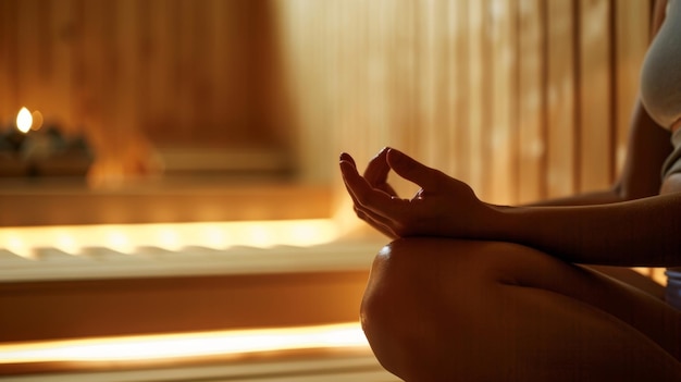 Osoba siedząca w saunie z rękami lekko spoczywającymi na brzuchu, koncentrując się na oddechu