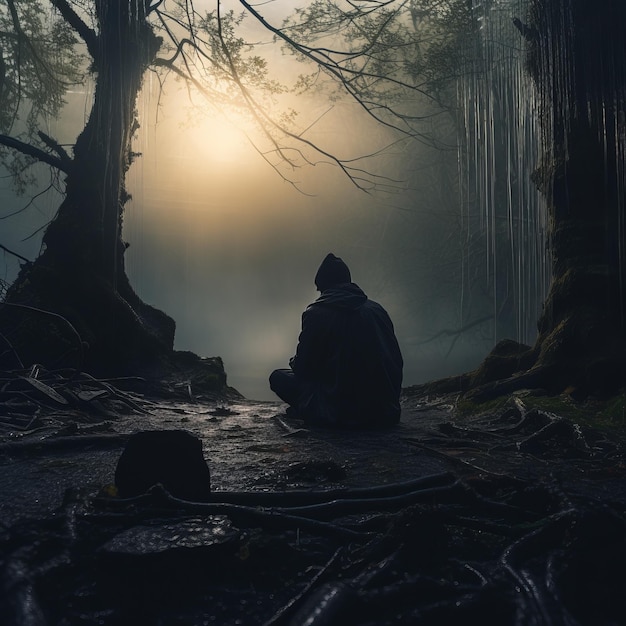 osoba siedząca w środku ciemnego lasu