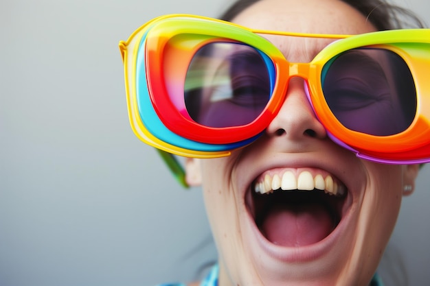 Zdjęcie osoba śmiejąca się w nadmiernie dużych kolorowych okularach