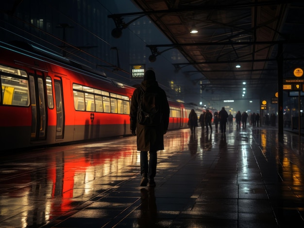 osoba spacerująca nocą po stacji kolejowej