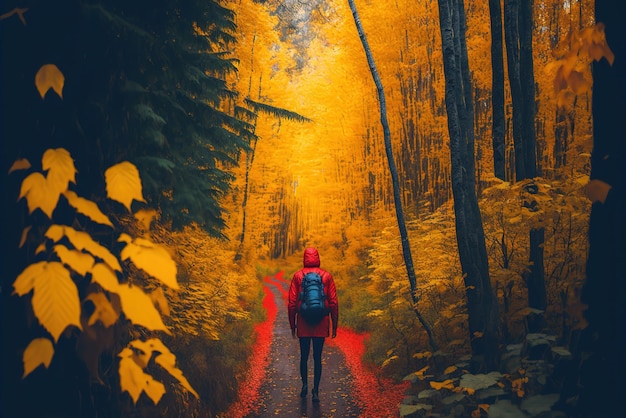 Osoba spacerująca po jesiennych liściach lasów w parku miejskim z plecakiem