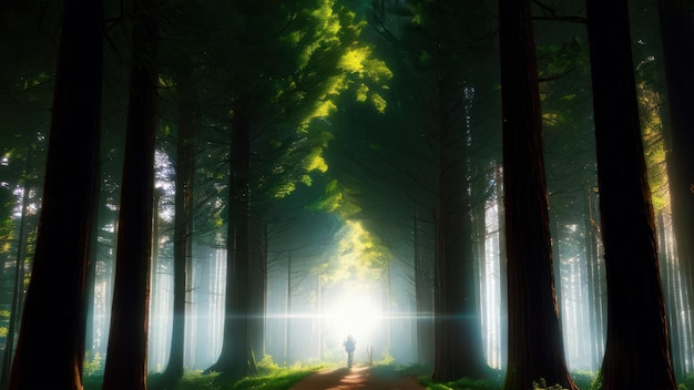 Osoba spacerująca po lesie, oświetlona światłem