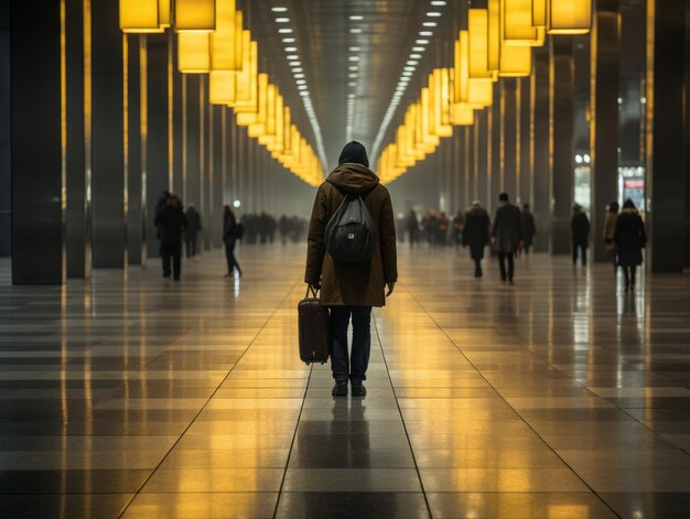 osoba spacerująca po lotnisku z walizką