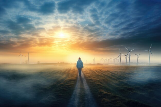 Osoba spacerująca po mglistym polu z turbinami wiatrowymi o świcie