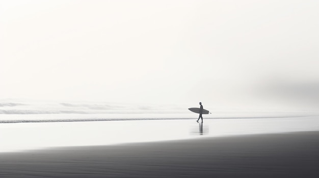 osoba spacerująca po plaży z deską surfingową