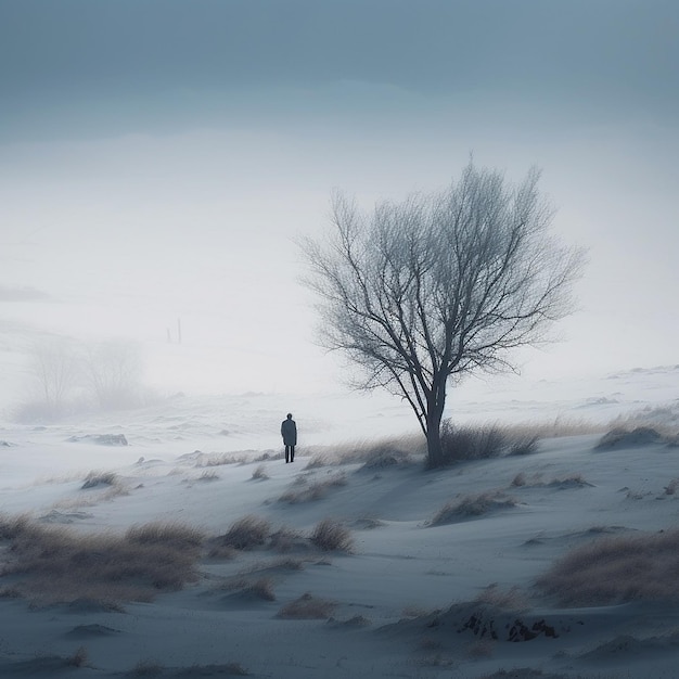 Zdjęcie osoba spacerująca po śniegu z drzewem na pierwszym planie.