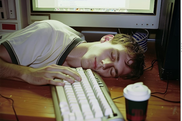Zdjęcie osoba śpiąca przy swoim biurku komputerowym projekt dnia pracy