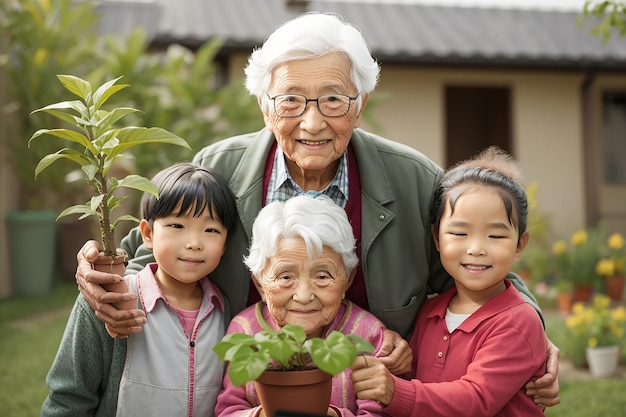 Osoba starsza i dzieci trzymające roślinę