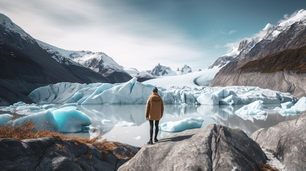 Osoba stoi na skale przed lodowcem.