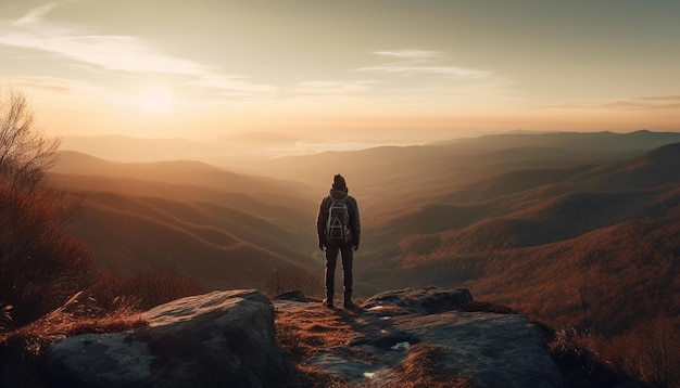 Osoba stoi na szczycie góry, patrząc na góry o zachodzie słońca.
