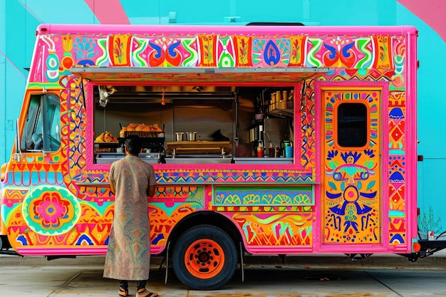 Osoba stoi przed tętniącą życiem ciężarówką z jedzeniem gotową do serwowania pysznych posiłków indyjska ciężarówka z żywym wzorem i kolorem generowana przez AI