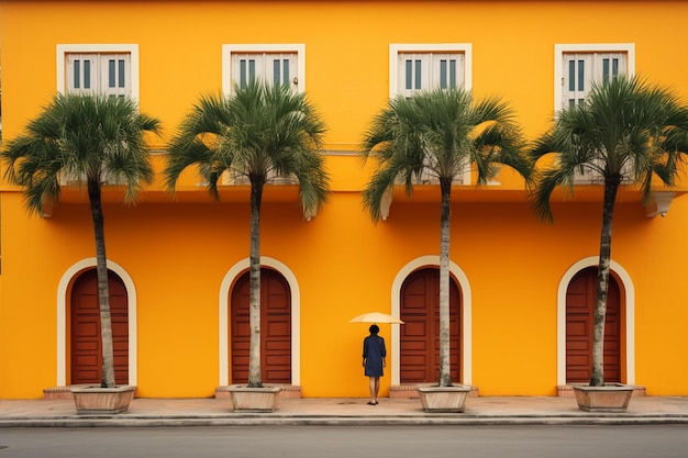 Osoba stoi przed żółtym budynkiem z palmami z boku.