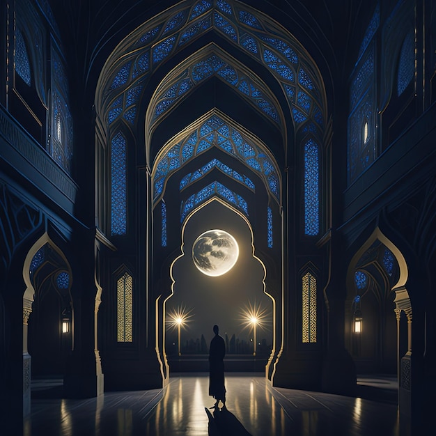 Osoba stoi w ciemnym pokoju w meczecie z pełnią księżyca w tle
