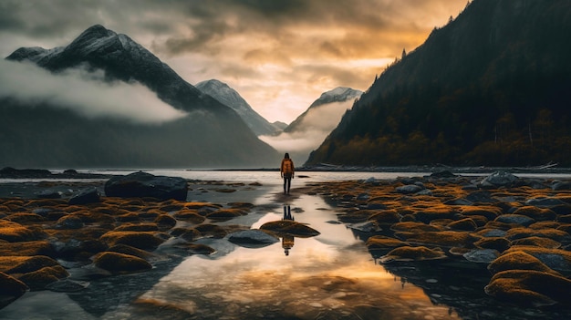 Zdjęcie osoba stoi w rzece z górami w tle.