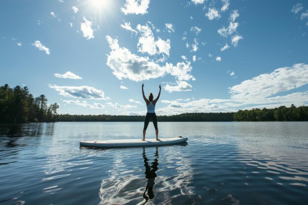 Zdjęcie osoba stojąca na desce surfingowej w wodzie