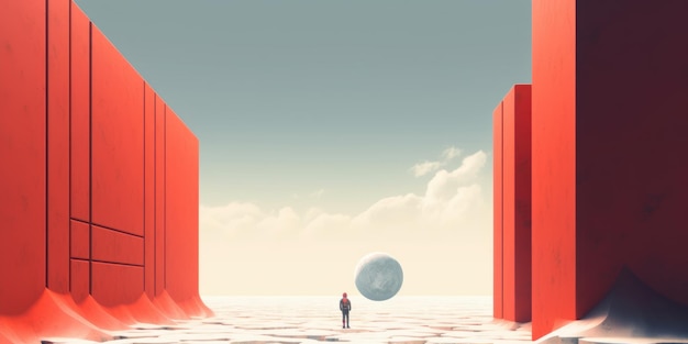 Osoba stojąca na pękniętej powierzchni czerwone ściany po bokach i planeta z przodu
