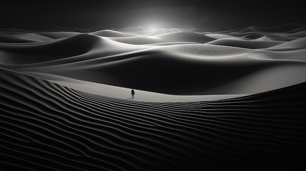 Osoba stojąca na piasku przed pustynią.