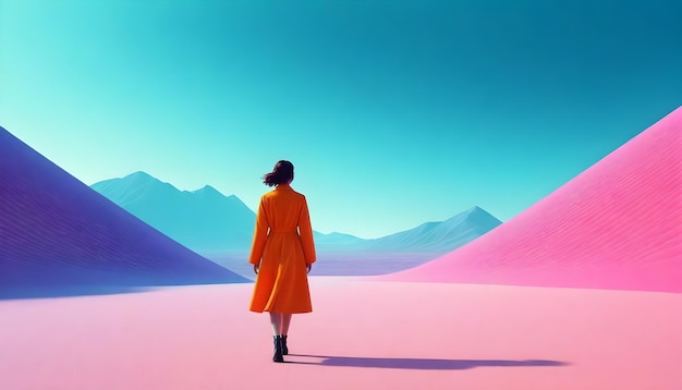 Osoba stojąca na rozległej pustyni z różowym piaskiem pod dużym surrealistycznym