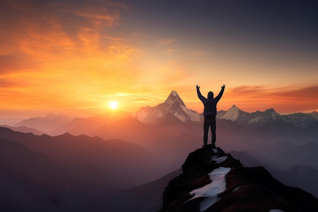Osoba stojąca na szczycie góry, ciesząca się widokiem i ćwicząc