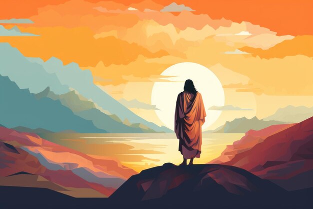 osoba stojąca na szczycie góry i patrząca na zachód słońca