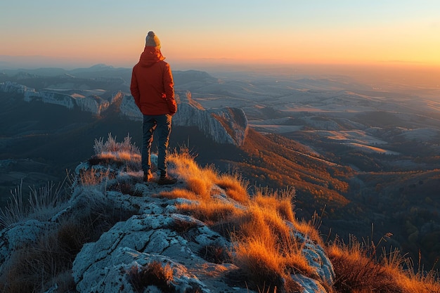 Osoba stojąca na szczycie góry przy zachodzie słońca