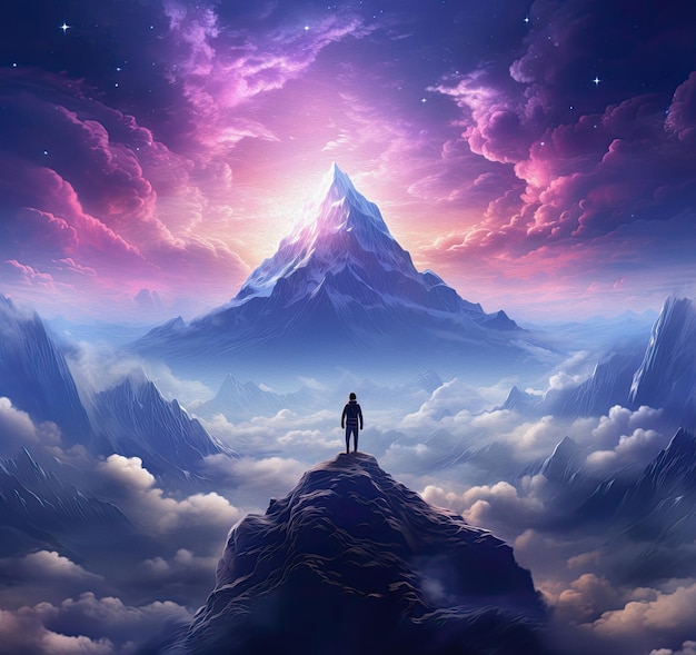 Osoba stojąca na szczycie góry z górami na niebie
