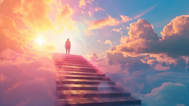 Osoba stojąca na szczycie niekończących się schodów patrząca w dół do nieba z chmurami i słońcem schody prowadzą do nieba symbolizujące nadzieję dla ludzi, którzy stracili bliskich
