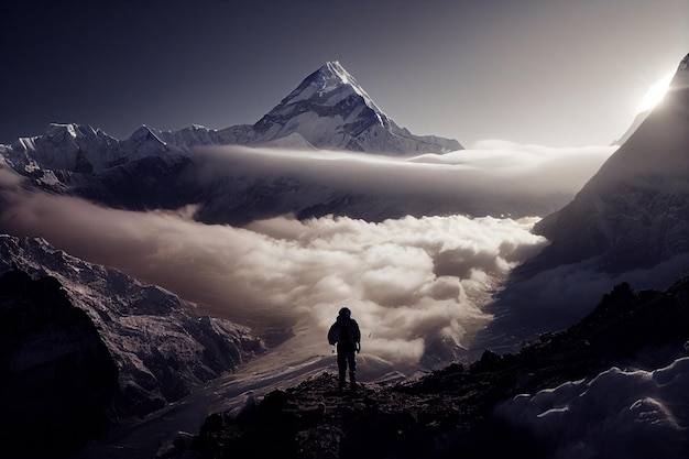 Osoba stojąca na szczycie pokrytej śniegiem górskiej generatywnej ai