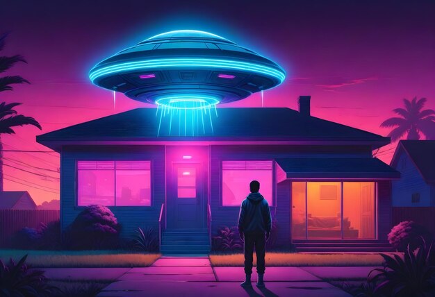 Osoba stojąca przed domem w nocy z dużym UFO unoszącym się nad nim