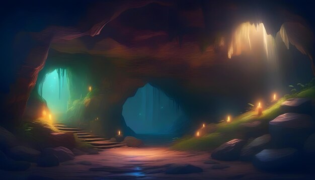 Osoba stojąca w ciemnej jaskini z świecącą ścianą na tle