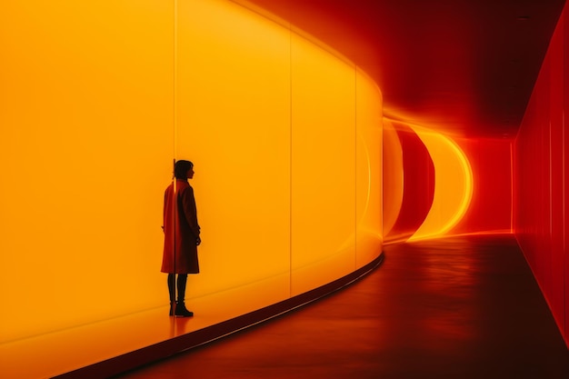 osoba stojąca w pomarańczowym tunelu światła
