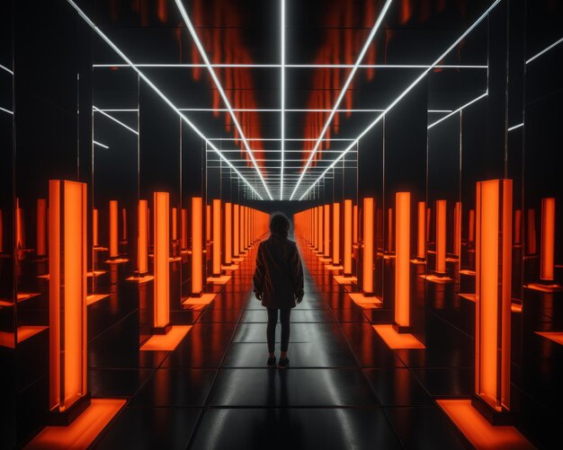 Zdjęcie osoba stojąca w pustym korytarzu z neonami