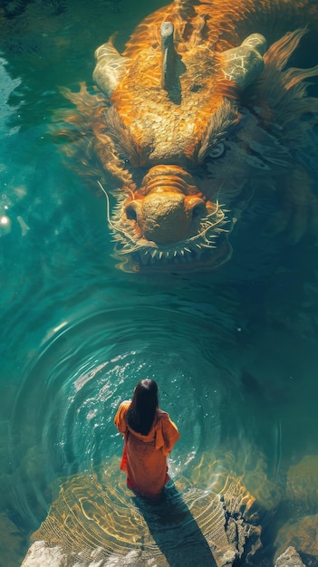 Osoba stojąca w wodzie obserwująca duże zwierzę.