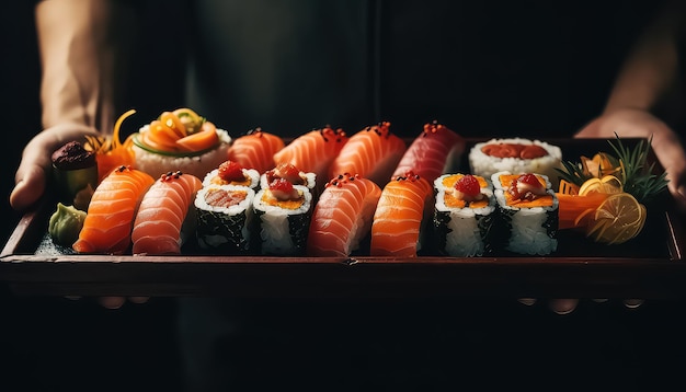 osoba sushi z różnymi rybami w stylu ciemnych tonów