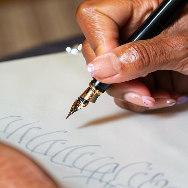 Zdjęcie osoba trzyma długopis i pisze na białym stole
