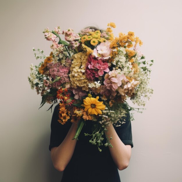 Osoba trzymająca duży bukiet kwiatów pokrywający twarz