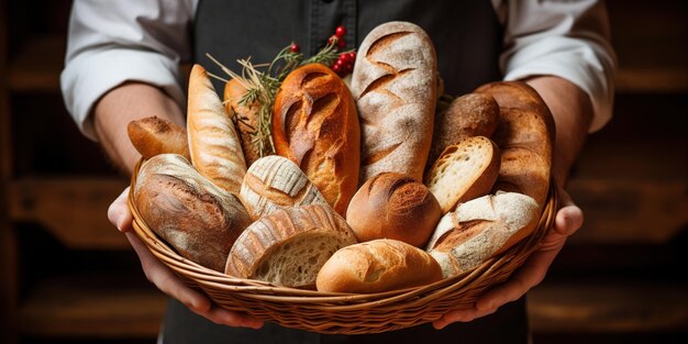 Osoba trzymająca koszyk z różnymi smacznymi i świeżymi chlebami