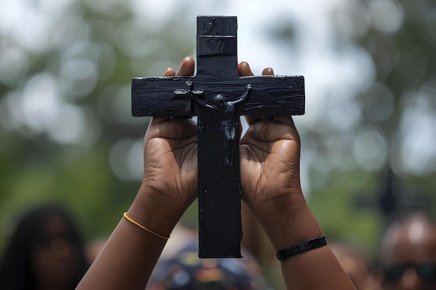 Osoba trzymająca krzyż w rękach z tłumem ludzi za nimi obserwujących ich od tyłu