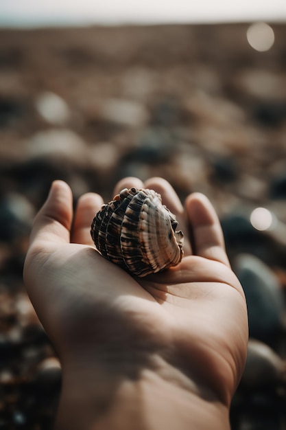 Osoba trzymająca muszlę w ręku na plaży