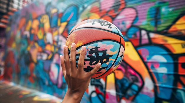 Osoba trzymająca piłkę do koszykówki przed graffiti na ścianie