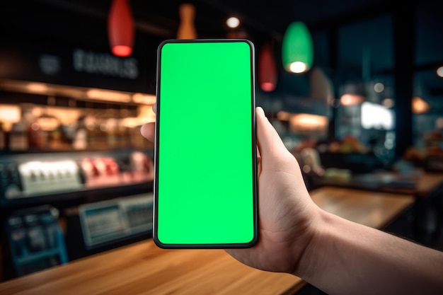 osoba trzymająca smartfon z zielonym ekranem w barze generatywnym AI