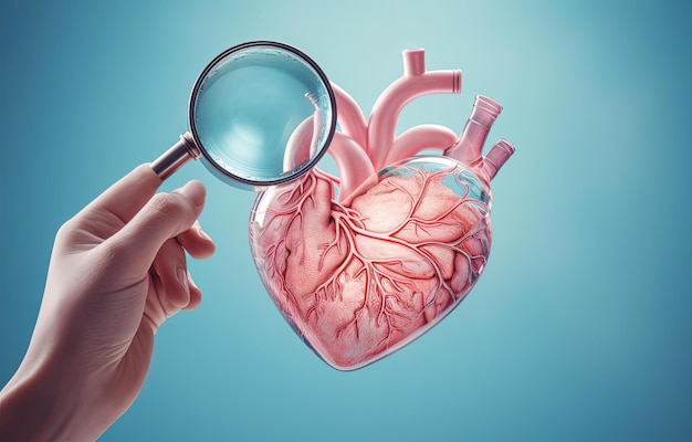 osoba trzymająca szkło powiększające nad ilustracją serca w stylu fotorealistycznej dokładności