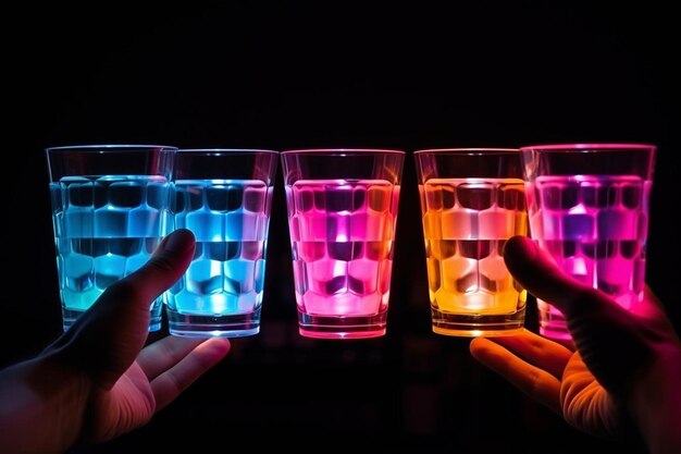 Zdjęcie osoba trzymająca trzy szklanki z kolorowymi światełkami