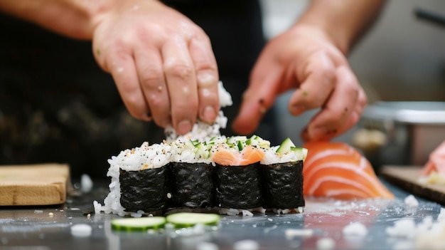 Osoba umiejętnie przygotowuje sushi na drewnianym stole, starannie układając ryż, ryby i wodorosty