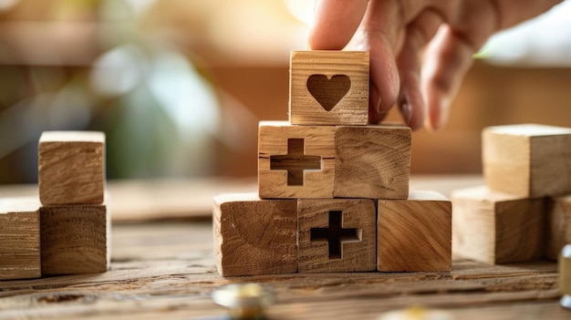 Zdjęcie osoba umieszczająca serce na drewnianym bloku nadaje się do miłości i związków.