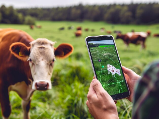 Osoba używa smartfona do mapowania krowy na polu z rozszerzoną rzeczywistością z żywym bydłem z tyłu